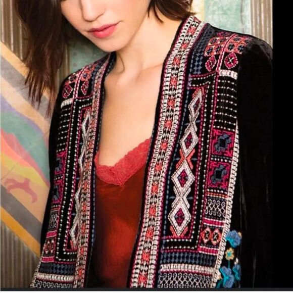 Johnny Was Geometric Embroidered Velvet Cardigan - Picture 1 of 12